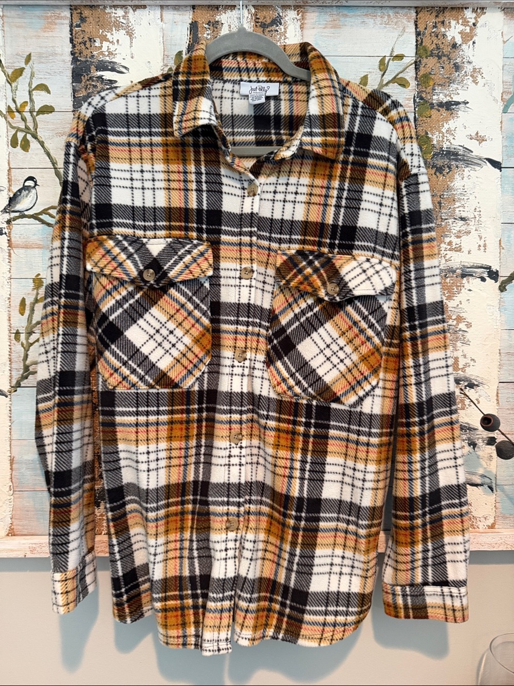 Just Polly Women’s Plaid Button-Up Flannel Shirt - Black, White & Mustard